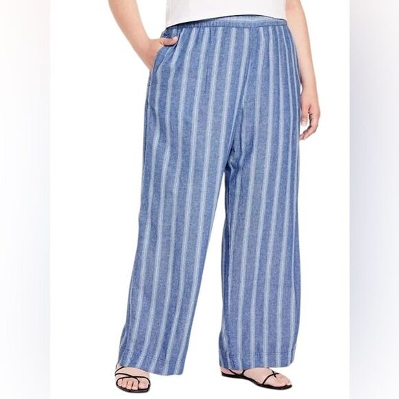 Old Navy Women's Blue Stripe High-Waisted Linen Blend Wide Leg Pants XXL NEW - Picture 1 of 11